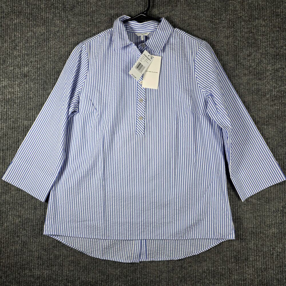 NWT Foxcroft Blue White Stripe Popover Shirt 3/4 Sleeve Button Back Small